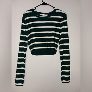 Altar'd State Green and White Striped Long Sleeve Tee